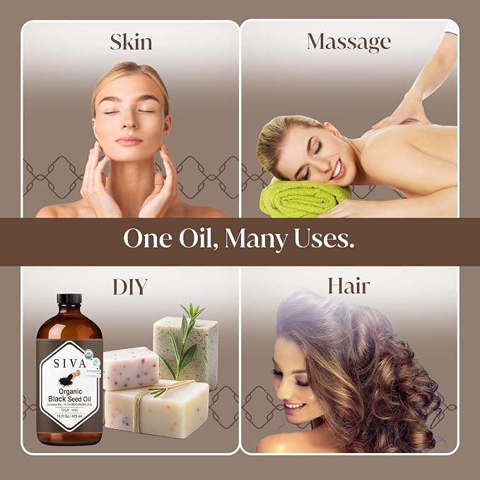 Siva Organic Black Seed Carrier Oil, Large Size, 16 Fl Oz (473 ml) | Organic Black Seed Oil for Hair Care, Hair Oiling, Scalp Massage, Skin Care, Body Massage & DIY Recipes in Glass Bottle