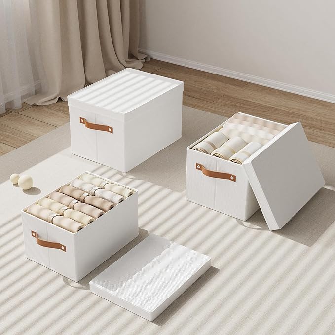 Fabric Storage Bins, Clothes Boxes for Shelves with Lids, Baskets for Organizing with Handles, Decorative Linen Closet Organizers, White, 3 Pack, 15 x 9.8 x 8.3 Inch