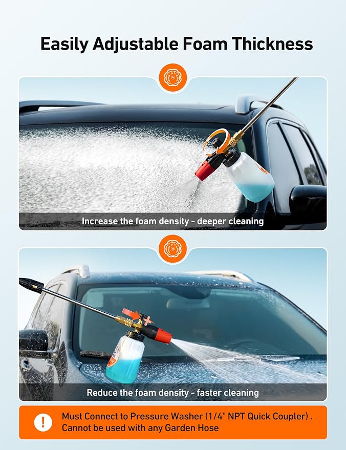 AstroAI Foam Cannon, Heavy Duty Durable Car Wash Foam Sprayer for Pressure Washer with 1/4" Quick Connector, Wide Neck Adjustable Snow Foam Lance and Thick Foam, Easy Install for Versatile, 1L Bottle