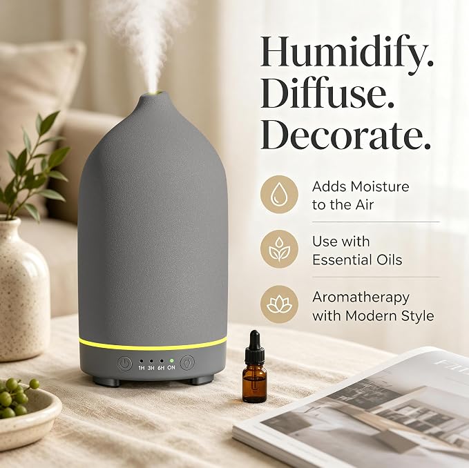200ML Ceramic Essential Oil Diffuser for Home, Stone Diffuser | Ultrasonic Aromatherapy Diffuser & Air Humidifier for Bedroom, Office, Yoga, 7 LED Lights, Auto Shut-Off, 3 Timers, Grey