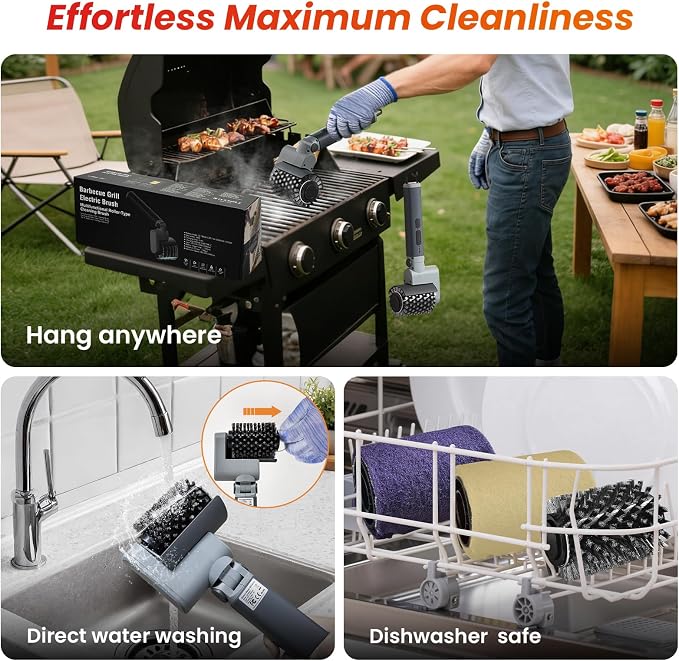Electric Grill Brush for Outdoor Grill,150Mins Runtime BBQ Grill Cleaner with 3 Heads,3-Speed Control&Angle Adjust,Safe for Cast Iron/Stainless-Steel Grates,Ideal BBQ Gifts for Men/Dad