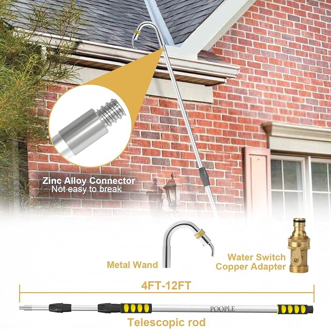 Gutter Cleaning Tools from The Ground, 20FT Reach Telescoping Gutter Cleaner Tool, Rain Gutters Cleaning Wand with 360° Metal Head, Gutters Cleaner Hose Attachment & Connection Adapter