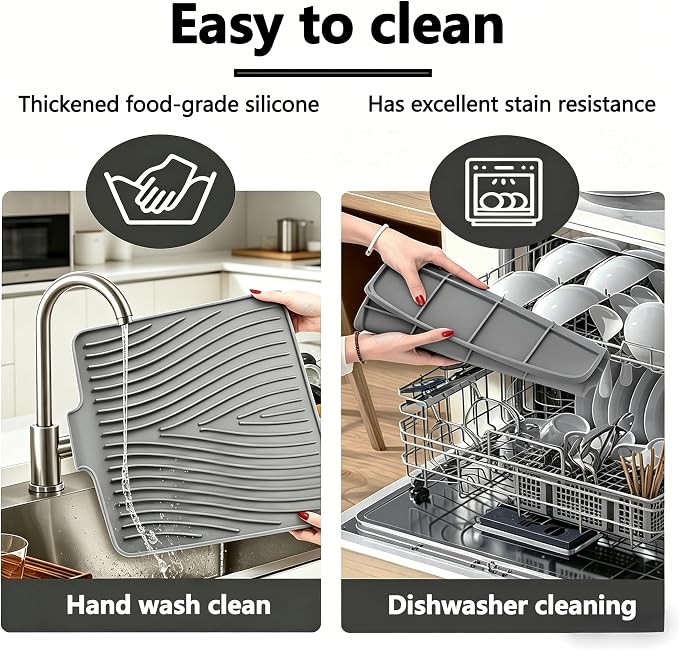 EBIGIC Silicone Dish Drying Mat,15.7"*13"Dish Drying Pad,Kitchen Accessories,with Built-In and Non-Slip Drain,Easy Clean, Fit for Kitchen, Bar, RV, Refrigerator and Drawer Liner, Grey