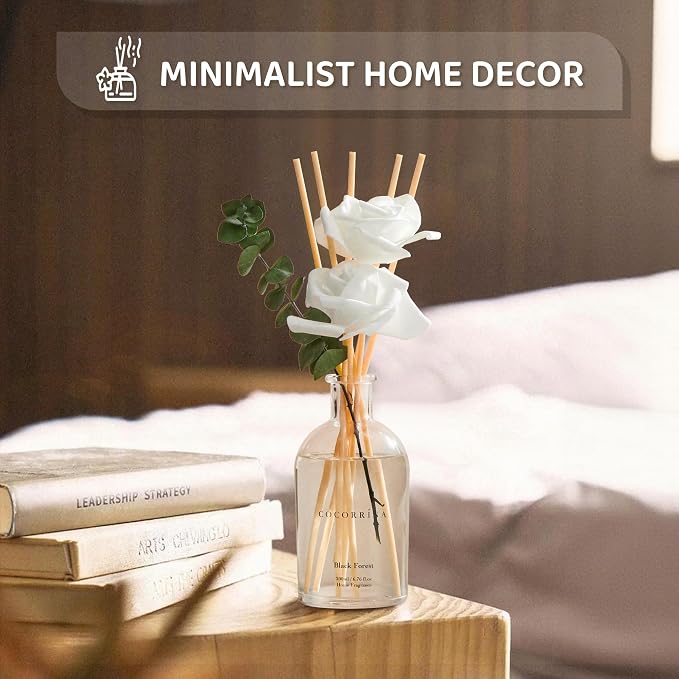 Reed Diffuser Black Forest 6.76 fl oz Home Bathroom Fragrance | 6 Reed Sticks, Real Eucalyptus & Artificial Rose, Essential Oil for Bedroom Shelf Décor, Scent Diffuser