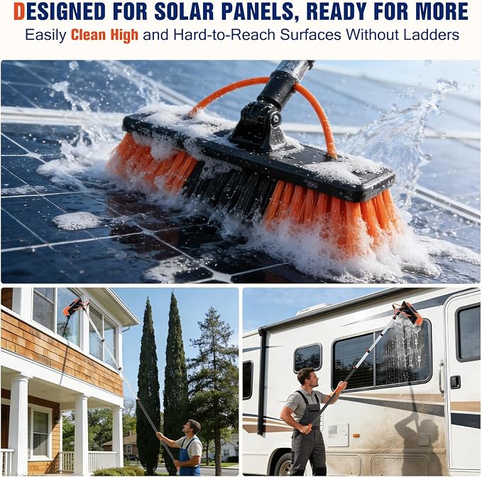 Up to 30FT Reach Water Fed Pole Window Cleaning System, 24FT Telescopic Pole with 180° Rotating Brush & Soap Dispenser, Solar Panel Cleaning Kit for Windows, Gutters & RV