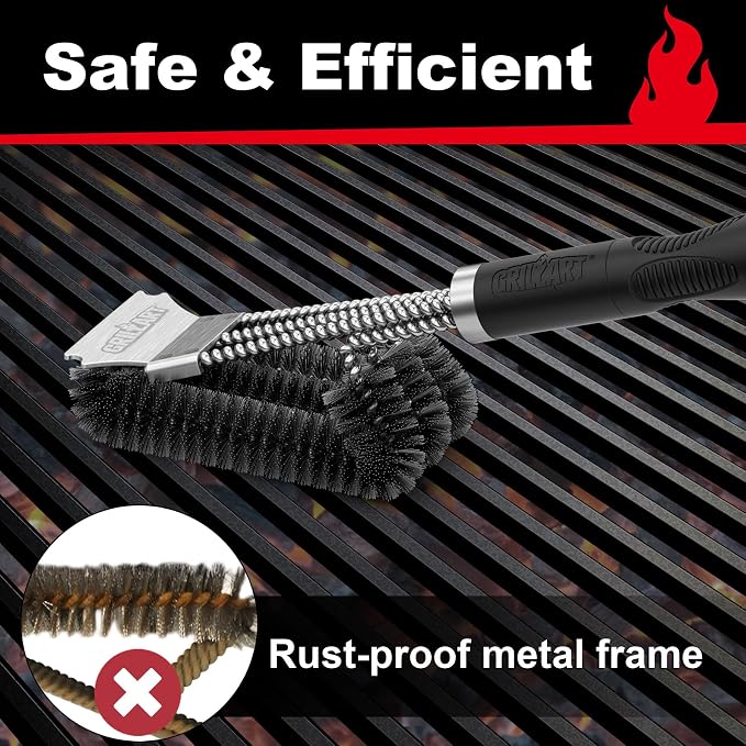 GRILLART Grill Brush, 18'' Extra-Strong Handle, BBQ Cleaner with Scraper | Remove Tough Grime, Triple Safe Wire Bristle Scrubbers, for Gas, Charcoal & Smoker, Steel Grates, 360°Wizard Cleaning