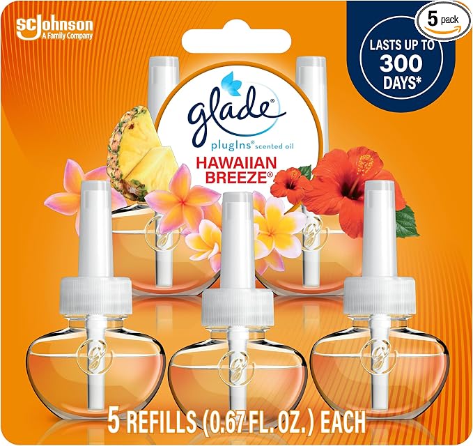 Glade PlugIns Refills Air Freshener, Scented and Essential Oils for Home and Bathroom, Hawaiian Breeze, 3.35 Fl Oz, 5 Count (Pack of 5)