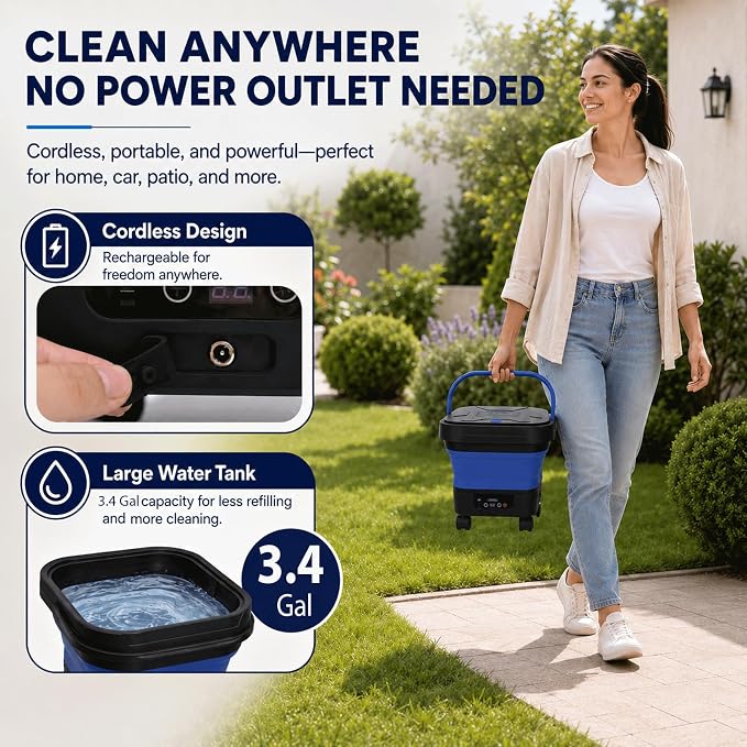 Portable Cordless Washer with 3.4Gal Tank, 580PSI, 7-Level Adjustable Sprayer, 360° Rotating Nozzle, 23FT Hose, 20000mAh Battery, Foldable Design with Wheels for Car, Camping, Garden (Blue)