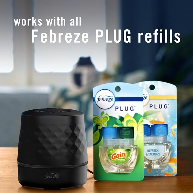 Febreze Plug in Scent Booster Air Freshener Oil Diffuser Black | Black Plug-in oil diffuser. Boosts scent for 40 mins. Long cord for flexible placement. Fits every home. Starter kit only.