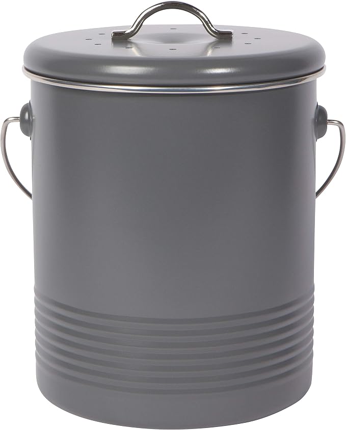 Now Designs Compost Bin Charcoal Powder Coated Steel With Charcoal Filter, 8.5 inches high, 1.25 gallon