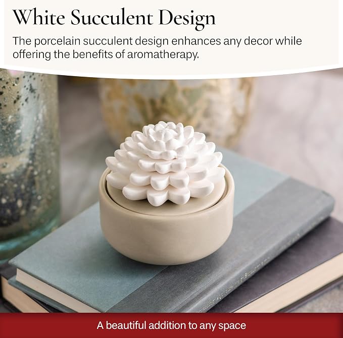 White Succulent, Porcelain Passive Essential Oil Diffuser (with 15ml Peppermint Essential Oil) – Non-Electric, Battery-Free, Improves Sleep, and Relieves Stress