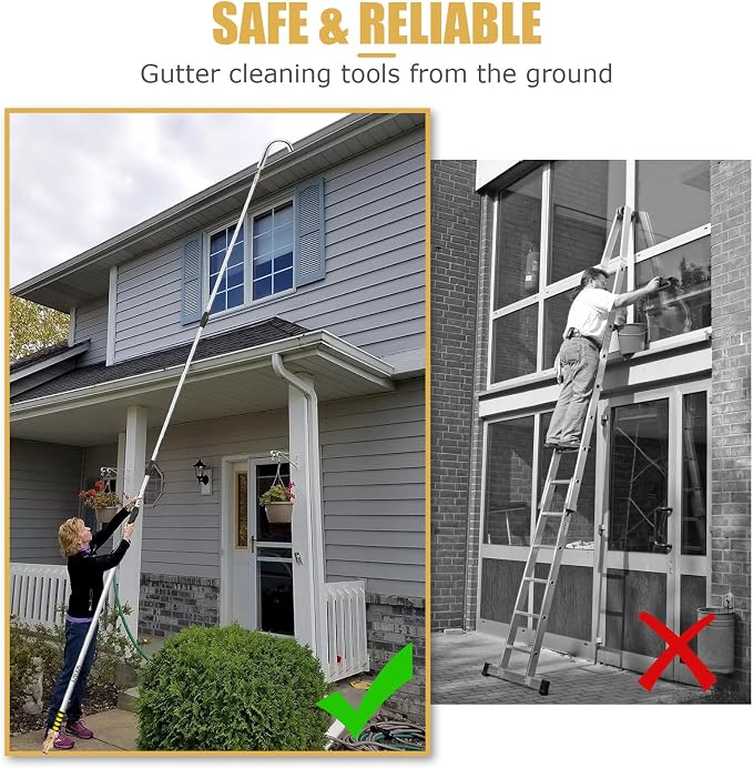 Gutter Cleaning Tools from The Ground, 20FT Reach Telescoping Gutter Cleaner Tool, Rain Gutters Cleaning Wand with 360° Metal Head, Gutters Cleaner Hose Attachment & Connection Adapter