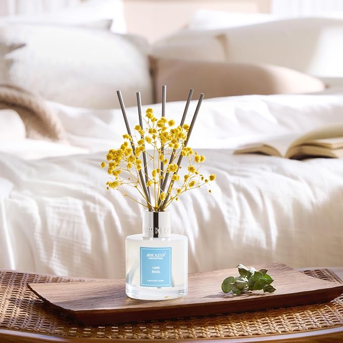 Reed Diffuser Set,3.38 fl oz (100 ml) - Lime Basil Oil Diffusers with 8 Reed Sticks, Home Fragrance Reed Diffuser for Bathroom Shelf Decor