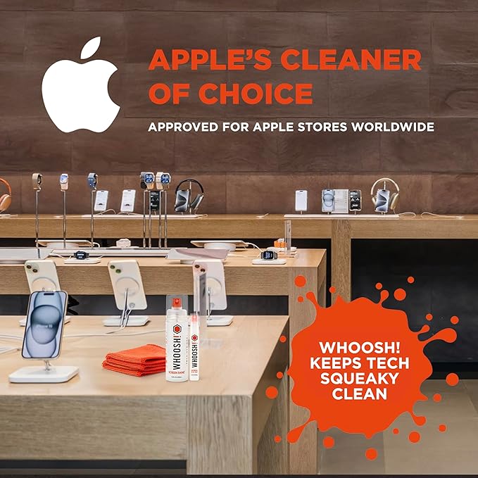 WHOOSH Screen Cleaner and Wipe Kit Duo, 3.7 fl oz + 0.3 fl oz | Large and Travel Size Bottles, Non Toxic and Odorless, For iPad, MacBook and Car Screens, 2 Microfiber Cloths