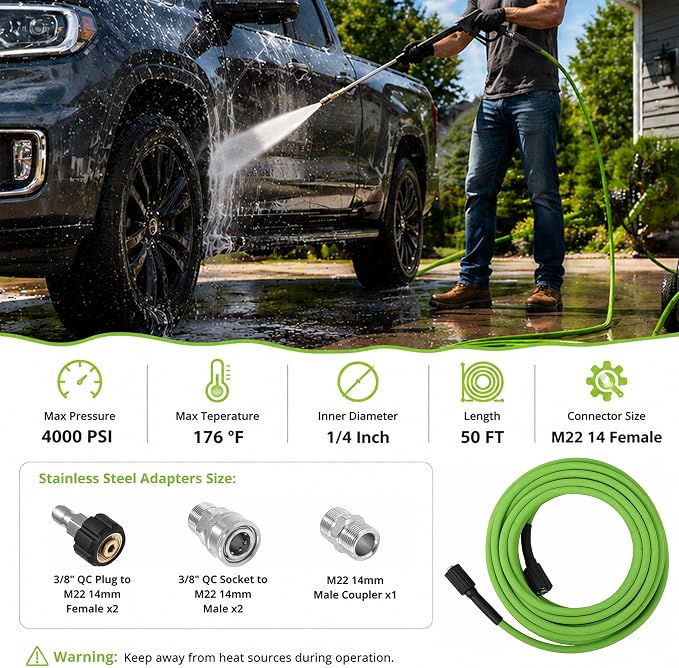 PWACCS Pressure Washer Hose 50 FT, 1/4" ID Steel Braided Power Washer Hose with M22-14mm Fittings - 4000 PSI High Pressure Wash Replacement Hose with Universal Adapter Kit, Green