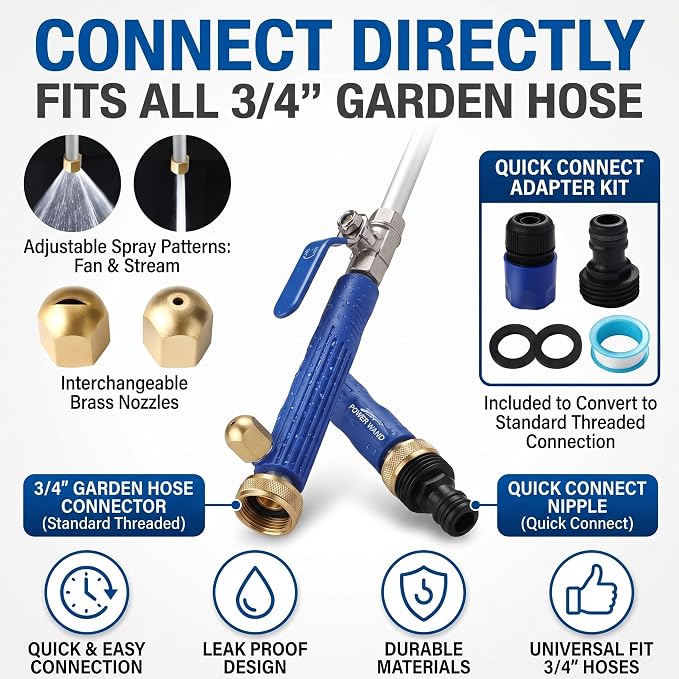 Jet Nozzle for Garden Hose, Metal Power Washer Wand with 2 Brass Nozzles, High Pressure Washer with Quick Connect Adapter for Car Wash, Patio, Window and Garden Watering（Black）