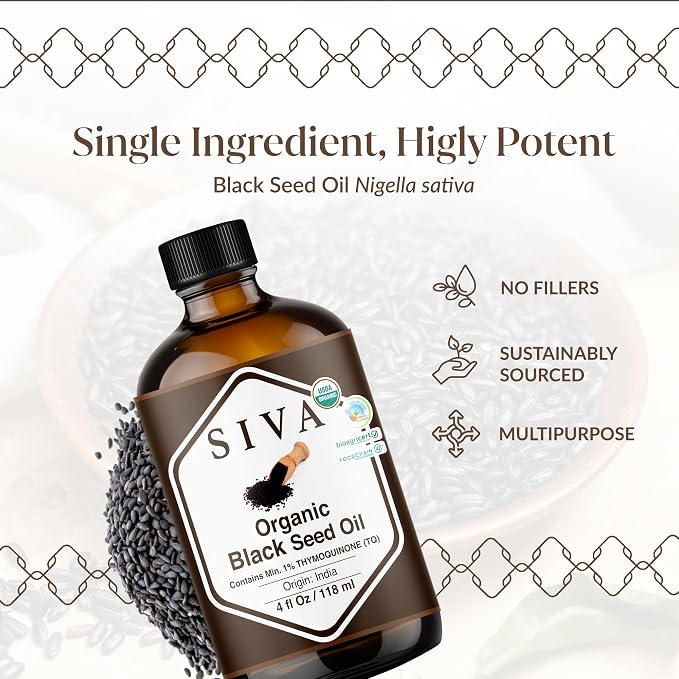 SIVA ORGANICS Black Seed Carrier Oil with Dropper, 4 Fl Oz (118 ml) | Organic Black Seed Oil for Hair Care, Hair Oiling, Scalp Massage, Skin Care, Body Massage & DIY Recipes in Glass Bottle