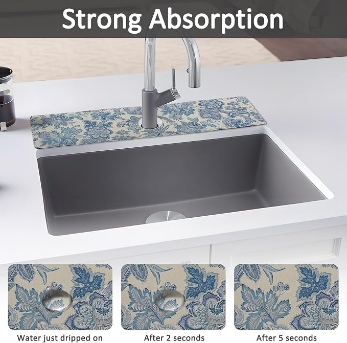 24" X 5.5" Kitchen Sink Splash Guard Faucet Mat Flora Super Absorbent Fast Drying Faucet Guard & Draining Mat Sink Splash Guard Behind Faucet for Kitchen, Bathroom
