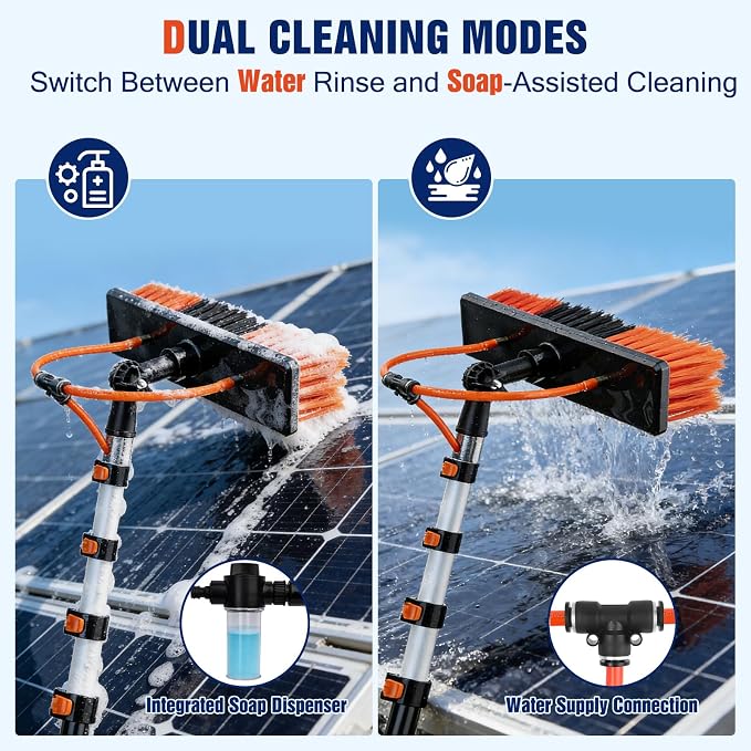Up to 30FT Reach Water Fed Pole Window Cleaning System, 24FT Telescopic Pole with 180° Rotating Brush & Soap Dispenser, Solar Panel Cleaning Kit for Windows, Gutters & RV