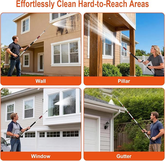 Telescoping Pressure Washer Wand 24 ft Pressure Washer Extension Wand 24 Feet Power Washer Extension Wand Aluminum with Brush Head,Gutter Cleaner, 5 Spray Nozzle Tips, 2 Hose Adapters, Support Belt