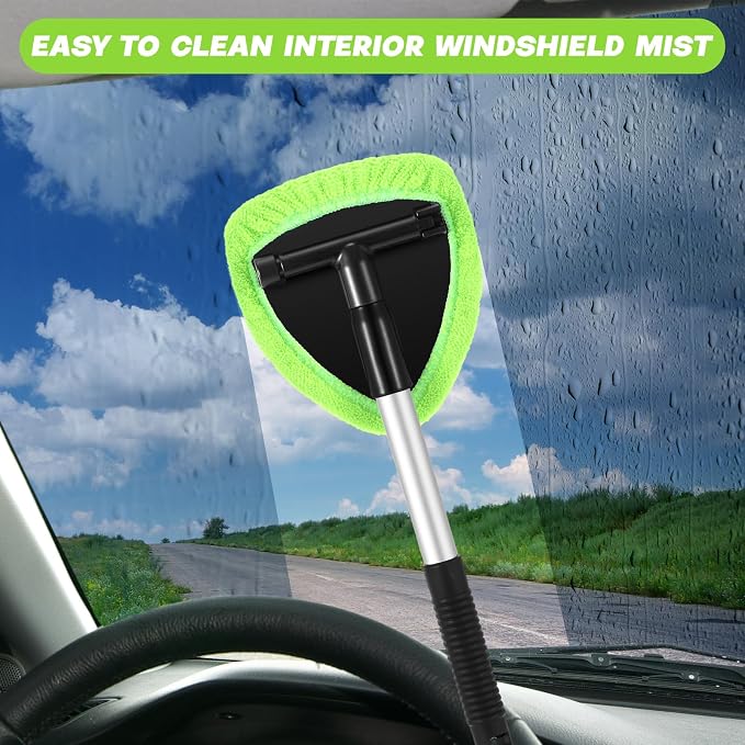 Potchen 8pcs Car Windshield Cleaner Tool with Extendable Handle, Green | with Microfiber Towel Pads, Brush, Empty Spray Bottle, Car Window Cleaner for Auto Glass Wiper Suvs Rvs & Home Windows