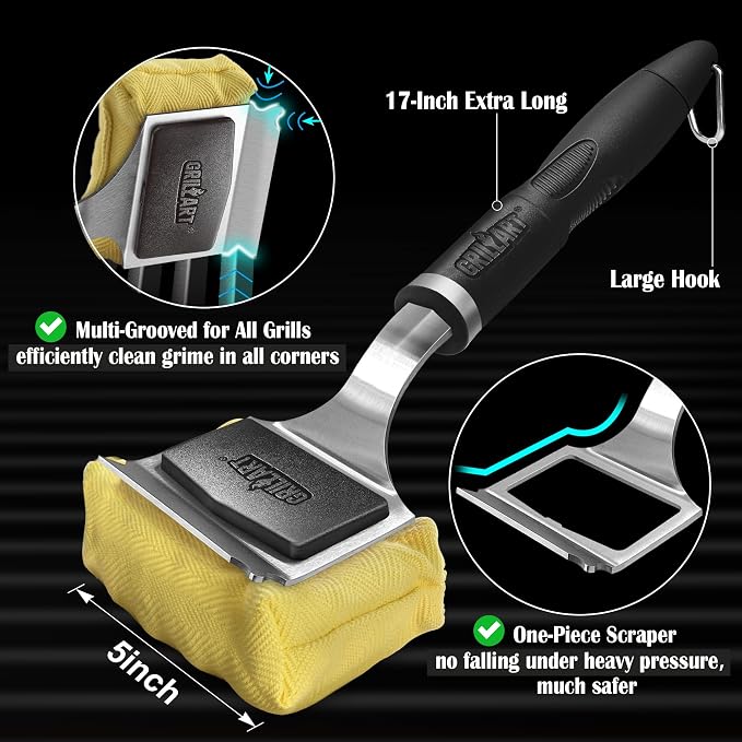 GRILLART Grill Brush Bristle Free Safe Steam Cleaning Tool, Replaceable Head for Any Grate Type - 17” Long Handle w/One-Fit-All Scraper - BBQ Accessories Cleaner for Outdoor Grill - Gifts for Men/Dad