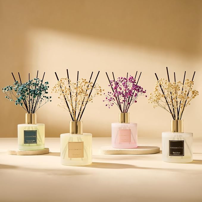 Reed Diffuser - Cashmere Vanilla 17 Fl.oz Reed Diffuser with 8 Sticks Scented Diffuser with Preserved Flowers for Bathroom Home Decor