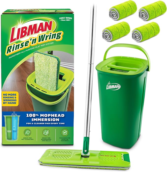 Libman Rinse 'n Wring Mop and Bucket System | Microfiber Floor Mop | Hardwood Floor Cleaner | Wet & Dry Mop | Clean & Dirty Water Chambers | Power Blades | 5 Total Microfiber Pads