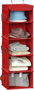 Simple Houseware 5 Shelf Hanging Closet Organizer, Red | 360° Rotating Dual Hooks, Top Support Metal Frame, 6 Side Mesh Pockets