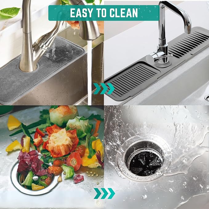 18x5.5 Inch Silicone Faucet Mat for Kitchen Sink - Kitchen Sink Splash Guard with FREE Rubber Drain Insert, Faucet Guard Draining Mat & Sink Water Splash Guard (Gray)