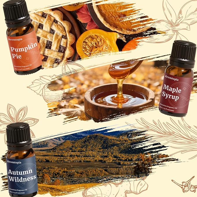 Diffuser Essential Oils, Aromtopia Fall Fragrance Oil for Candle Making, Essential Oils for Diffusers for Home, 6x10ml Autumn Set, Soap Making Scents, Pumpkin Pie, Musk Vanilla, Autumn Wildness, More