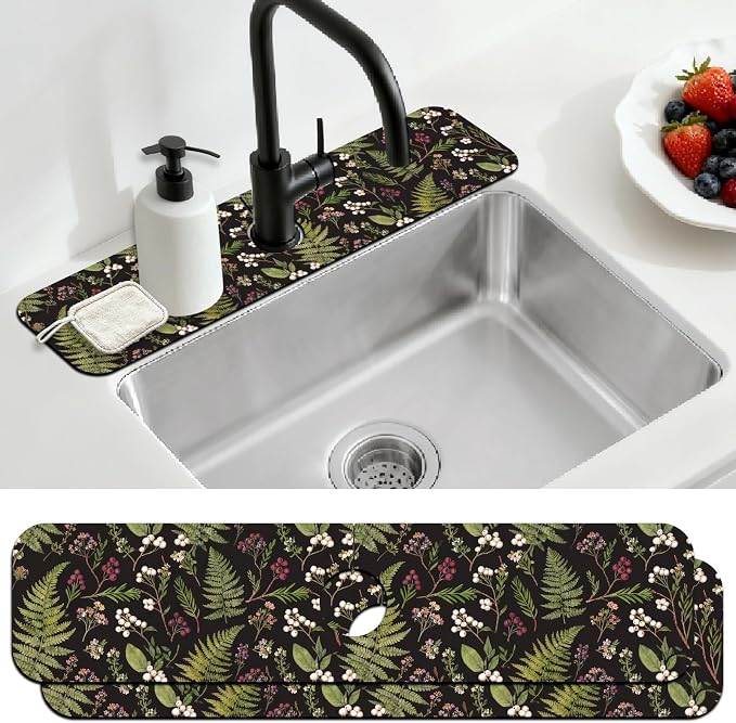 2 Pcs Kitchen Sink Splash Guard Faucet Mats Vintage Fern and Berries Pattern Faucet Mat for Sinks Absorbing Drying Mat for Kitchen Bathroom, 23.6x5.5inch