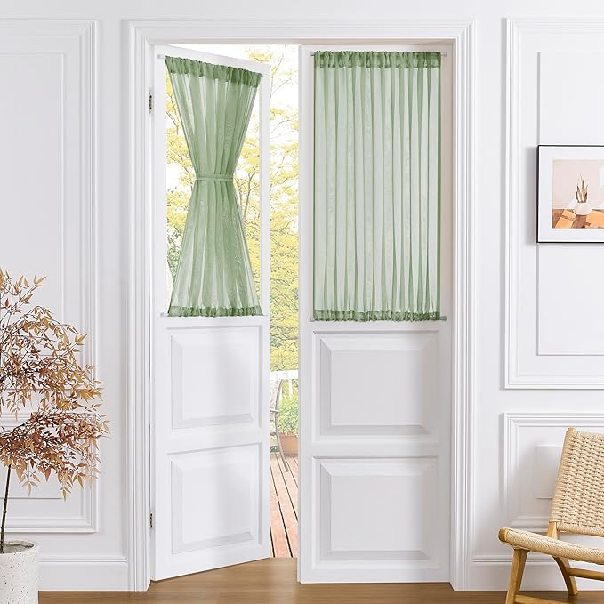 Tollpiz Short Sheer Door Curtains Closet Linen Textured Curtains Sheer Doorway Light Filtering Voile Patio Door Rod Pocket Curtain French Door, 54 x 40 inches Long, Sage Green, Set of 1 Panel