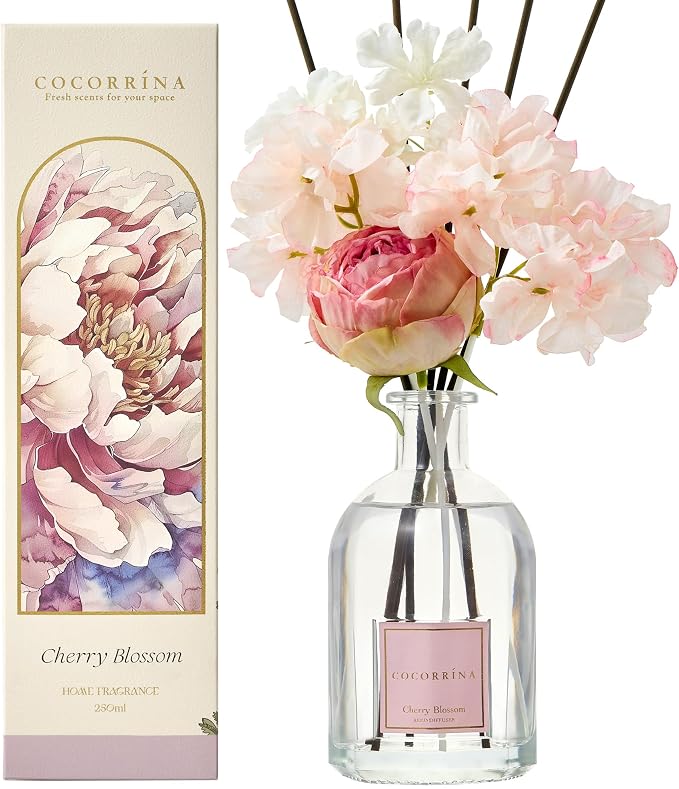 Reed Diffuser - Cherry Blossom 8.5 Fl.oz Flower Diffuser with 8 Sticks, Reed Diffusers for Home Bathroom Shelf Decor