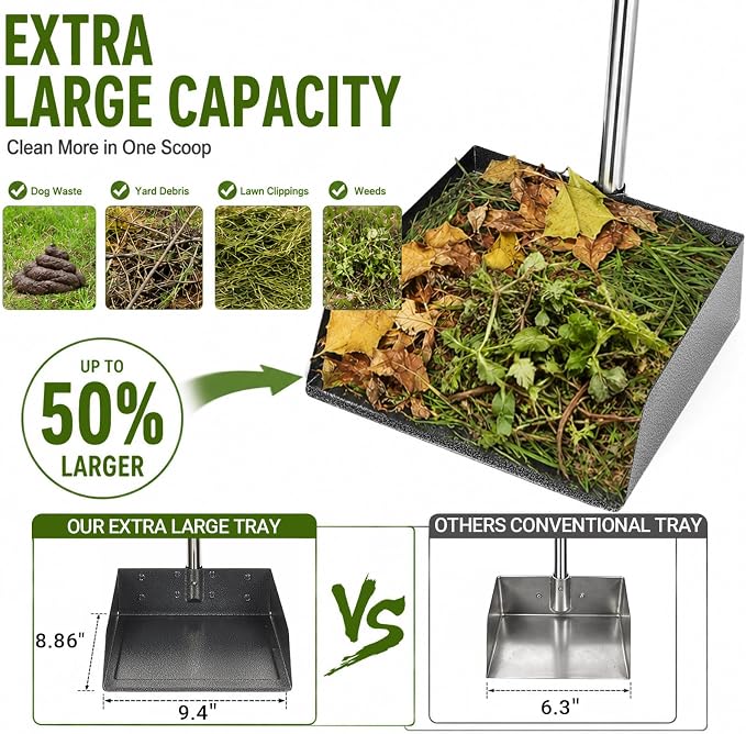 T2Y Dog Pooper Scooper for Multi-Dog Family, Long Handle Rake & Large Tray | 48" Tall No-Bend | 9.4'' Large Tray | Stainless Steel | Adjustable | Works on Grass, Gravel & Dirt | Easy to Install