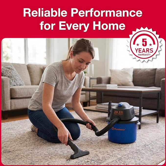 Koblenz WD-2L Wet Dry Vacuum Cleaner, Home Car Garage Workshop, 2.0 PHP | 60 CFM, 10 Ft Reach, Twist-N-Lock Hose, Small Shop Vac, Portable Shop Vac for Home Car Garage Workshop, Accessories Included
