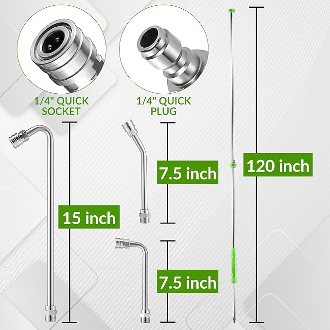 Pressure Washer Extension Wand, 120" Power Washer Lance | With Molded Grip, 30°, 90°, 120° Curved Rod, 5 Spray Nozzle Tips, 1/4" Quick Connect, 4000 PSI