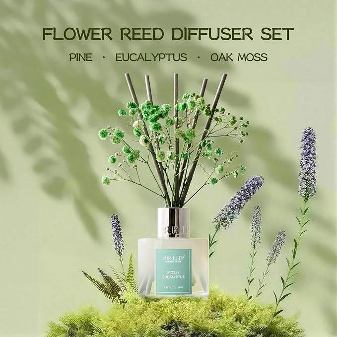 Reed Diffuser Set,3.38 fl oz (100 ml) - Moss Eucalyptus Oil Diffusers with 8 Reed Sticks, Home Fragrance Reed Diffuser for Bathroom Shelf Decor