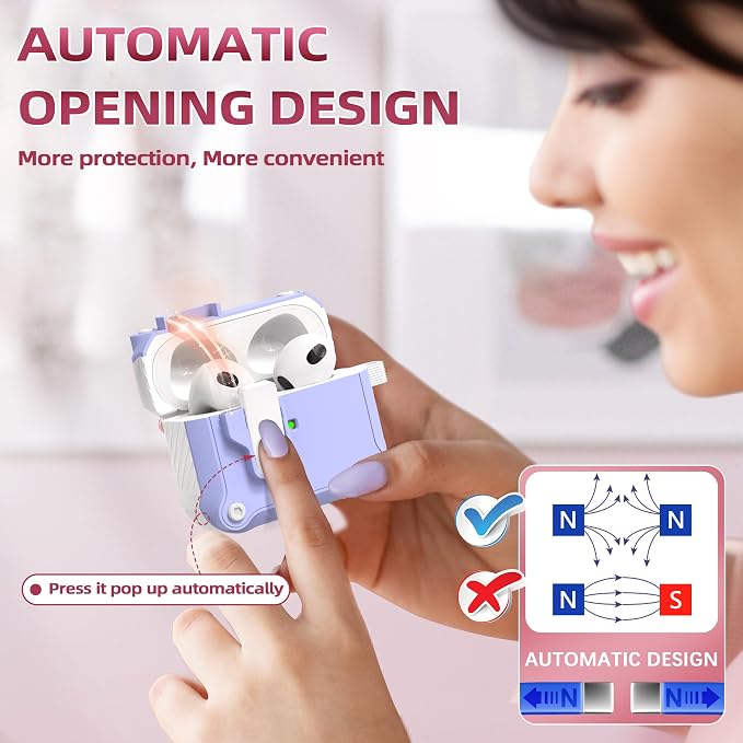 for AirPods 3 Case Cover with Lock Magnetic Lid, White/Lavender | Compatible with Apple AirPods 3rd Generation (2019) Case with Cleaner Kit & Carabiner, Powerful Drop Protection