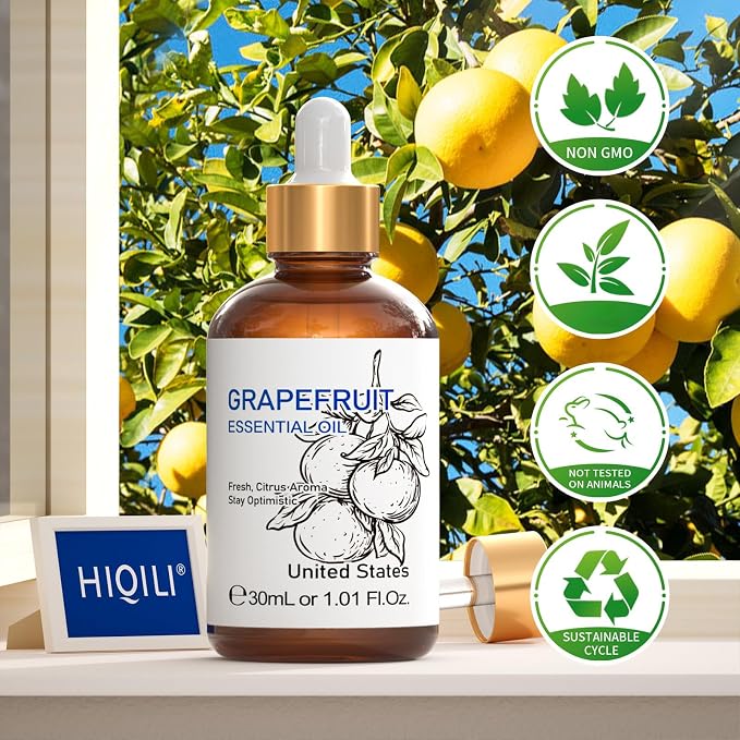 HIQILI Grapefruit Essential Oil for Skin Care, Diffuser and Aromatherapy | Fresh Citrus Aroma, Ideal for Daytime Diffusion, Nighttime Massage, DIY and Daily Home Fragrance —30mL / 1.01 fl oz