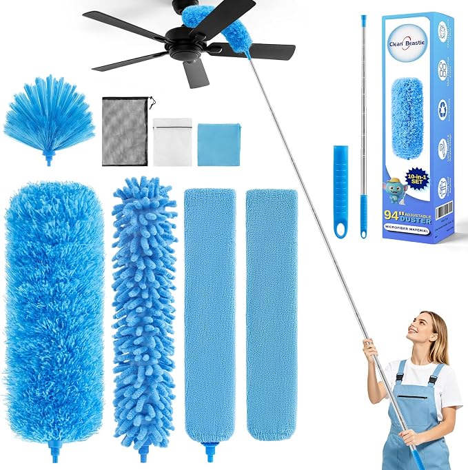 94'' Cobweb Duster with Extension Pole, Spider Web Brush | 10-in-1 Microfiber Duster Set, Bendable Duster of Cleaning Ceiling Fan Blades, Vents, and Outside