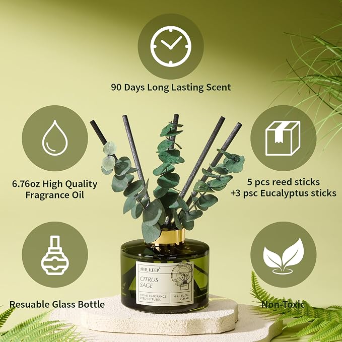 Reed Diffuser Set with 6.76 fl oz Citrus&Sage Scent Essential Oils and 3 Leaves & 8 Diffuser Sticks,Bathroom Shelf Decor & Air Freshener, House Bedroom Office Decor & Gifts
