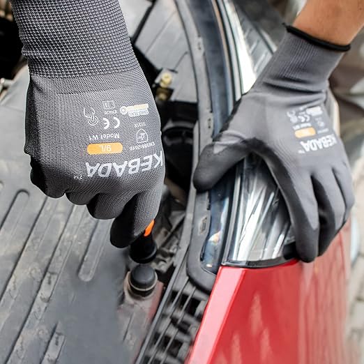 Kebada W1 Work Gloves for Men and Women, PU Coated Safety Gloves with Grip, Touchscreen, Ideal for Warehouse Work, Construction, Gardening, 12 Pairs Gray X-Large