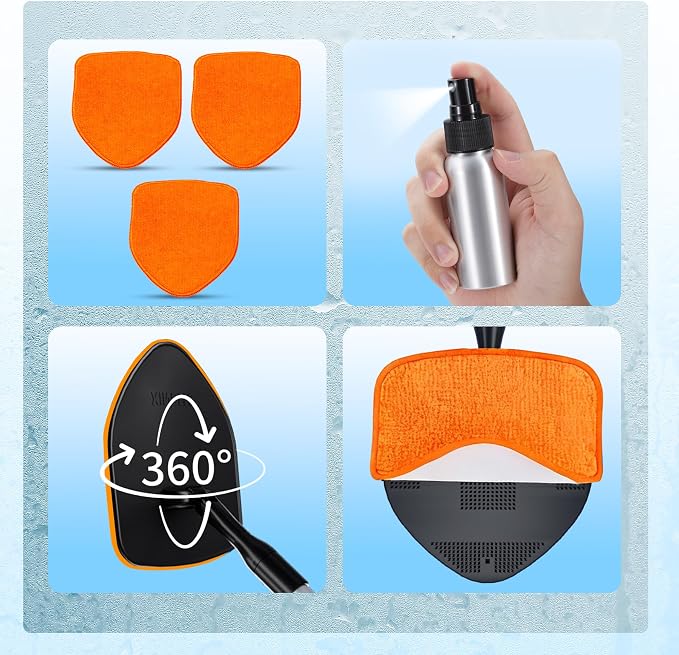 XINDELL Interior Windshield Cleaner Tool, Car Window Cleaning Kit with 4 Reusable Microfiber Pads, Extendable Handle & 360° Rotating Head, Streak-Free Auto Glass Wiper for Truck SUV RV