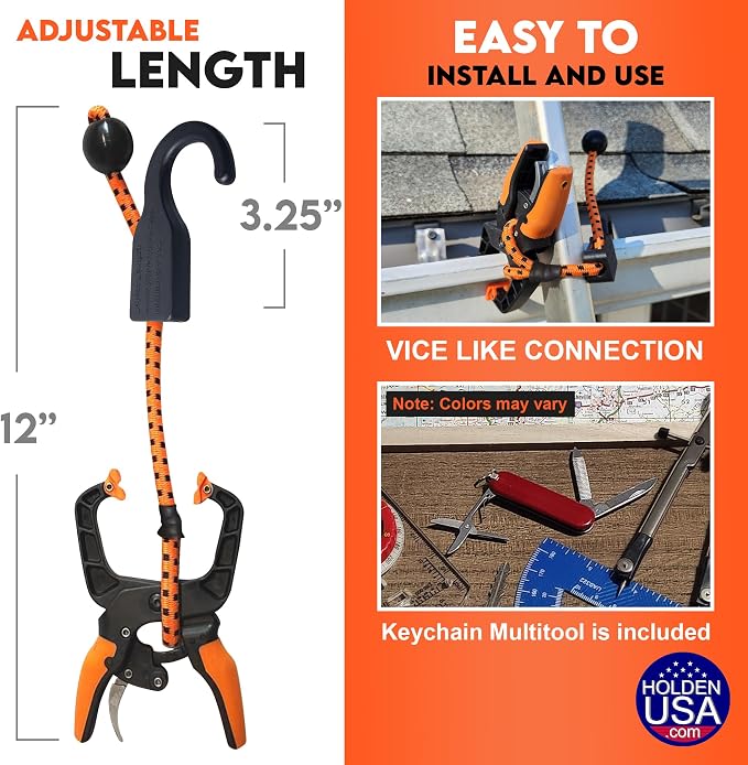 Holden USA - Ladder Clamp - Stabilizer Clip – Secure Safety Clamp for Roof, Gutters, and Wall Prep – Durable Support Cord for Roofing and Gutter Tasks (Orange Pair/2 units)
