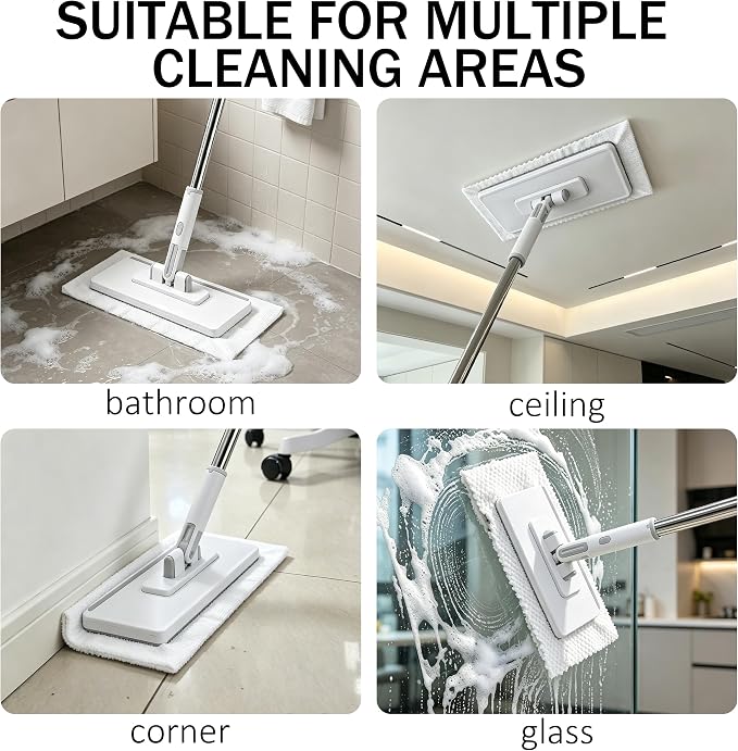 10.2x4.1x49.2 Hands Free Multipurpose Flat Mop, Zero Touch Snap Grip Mop, Auto Clamp & One-Click Release, Long Handle to Save Your Back, 360° Rotation Head, Dry Wet Use, Fits Any Cloth (Set A)
