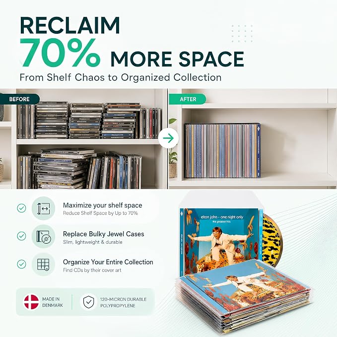 Tarifold CD Storage Sleeves with Closing Flap and Space for Cover, 100 Pack | Holds CD, cover art and booklet, durable 120-micron polypropylene, scratch and dust resistant, saves up to 70% storage space
