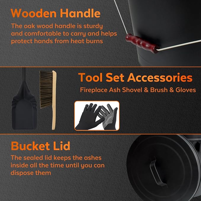 5.2 Gallon Ash Bucket with Lid and Shovel, Metal Fireplace Ash Bucket with Broom, Complete Fireplace Tools Set for Wood Stove and Fireplace