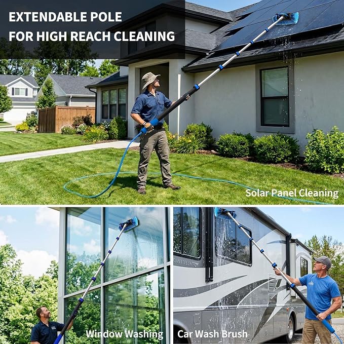 Soft Bristles Solar Panel Cleaning Brush, 12 FT Solar Panel Cleaner Kit, Including Water Fed Brush | Extendable Long Handle | Soap Dispenser for Car, RV, Boat, Windows, Deck Washing
