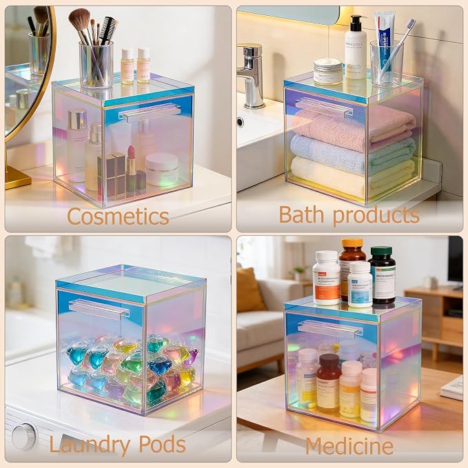 Disposable Face Towels Holder with 2 Pack Qtip Holders, Glossy Rainbow | Acrylic Box Bin Compatible with Clean Skin Club Clean Towelettesl XL Bathroom Counter Storage with Drawer